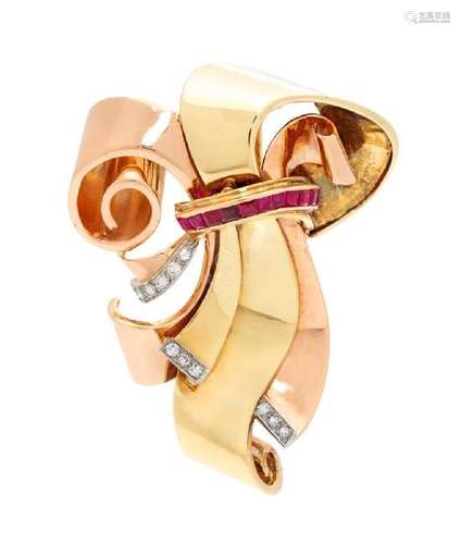 A Retro 14 Karat Bicolor Gold, Ruby and Diamond Brooch,