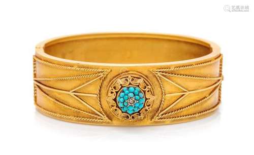 A 14 Karat Yellow Gold, Turquoise and Diamond Bangle