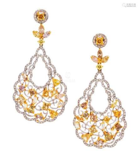 A Pair of 18 Karat Bicolor Gold, Colored Diamond and