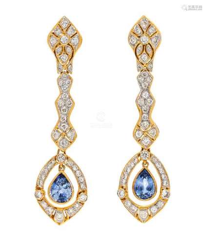 A Pair of Yellow Gold, Sapphire and Diamond Earrings,