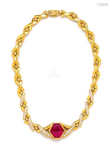 An 18 Karat Yellow Gold, Rubellite and Diamond