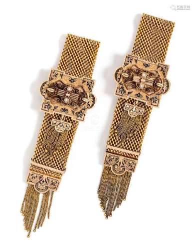 A Pair of Etruscan Revival Yellow Gold, Seed Pearl and
