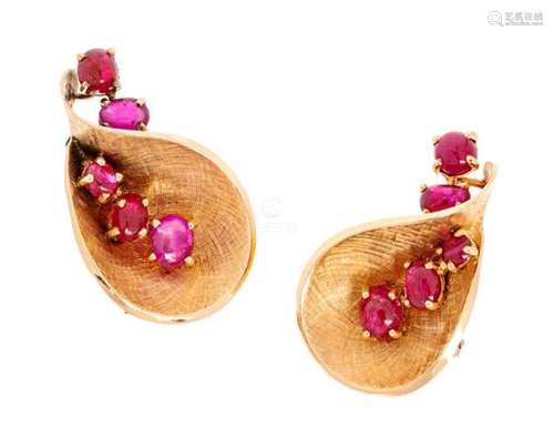 A Pair of Retro Yellow Gold and Ruby Earclips, Trabert