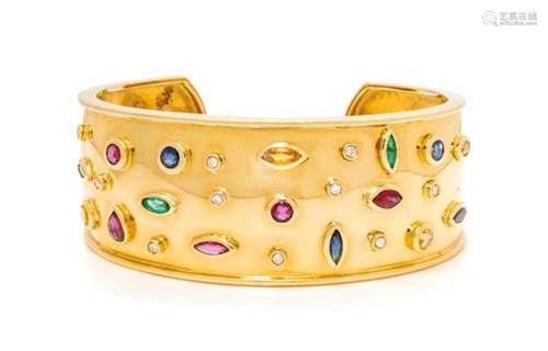 A Yellow Gold, Diamond and Multigem Cuff Bracelet,