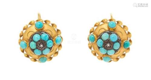 A Pair of 18 Karat Yellow Gold, Silver, Turquoise and