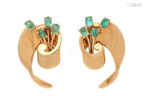 A Pair of Retro Yellow Gold and Emerald Earclips,