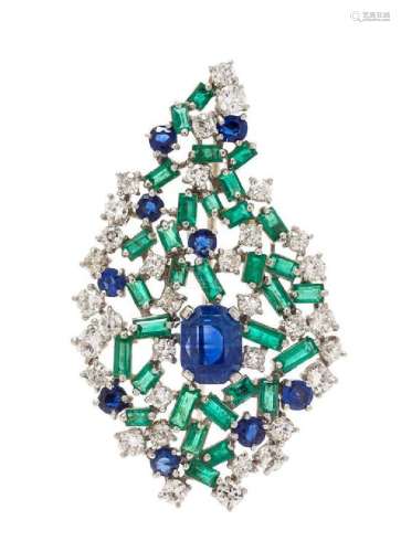 A Platinum, Sapphire, Emerald and Diamond Brooch, 12.30