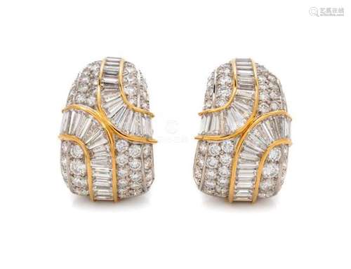 * A Pair of Platinum, 18 Karat Yellow Gold and Diamond