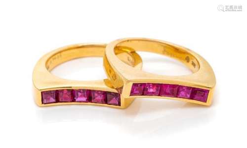 A Pair of 18 Karat Yellow Gold and Ruby Rings, Oscar