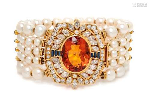 A Yellow Gold, Citrine, Diamond, Sapphire and Cultured