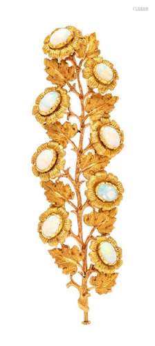 An 18 Karat Bicolor Gold and Opal Flower Branch Brooch,