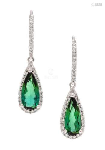 A Pair of 18 Karat White Gold, Green Tourmaline and