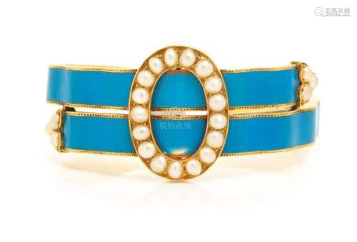 A Victorian Yellow Gold, Pearl and Enamel Bangle