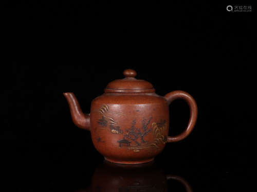 A ZISHA TEAPOT WITH PAINTING AND CHINSES CHARACTERS