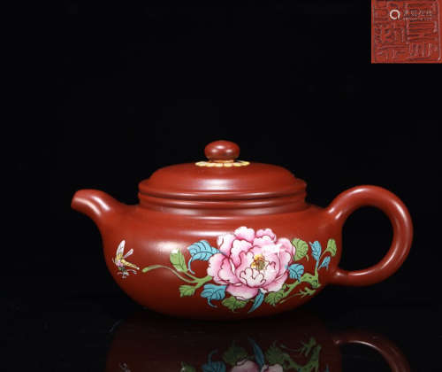 A ENAMELED ZISHA TEAPOT PAINTED FLORAL PATTERN WITH MARK