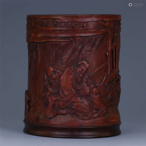CHINESE BAMBOO CARVED FIGURES BRUSH POT