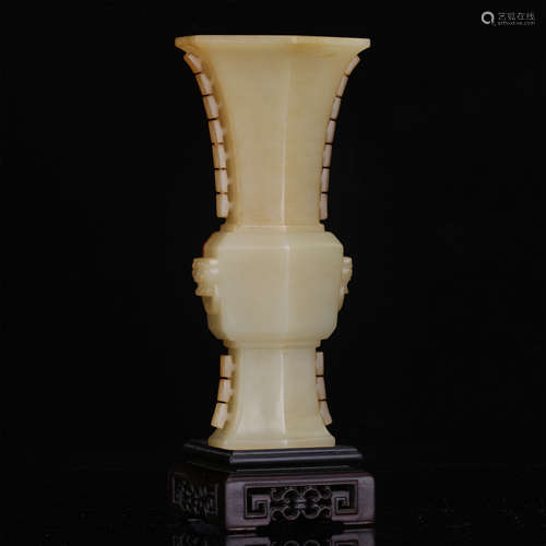 CHINESE JADE GU VASE ON ROSEWOOD BASE