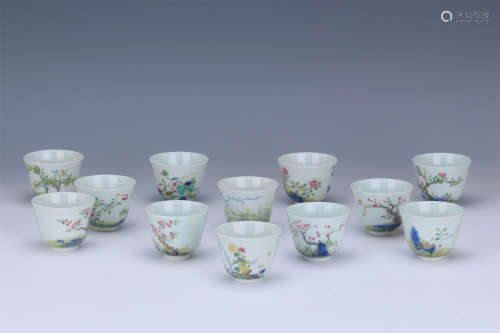 TWEELVE CHINESE PORCELAIN FAMILLE ROSE FLOWER CUPS