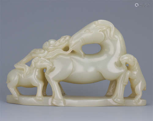 CHINESE CELADON JADE THREE RAMS TABLE ITEM