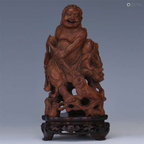 CHINESE BAMBOO CARVED BOY AND TOAD TABLE ITEM