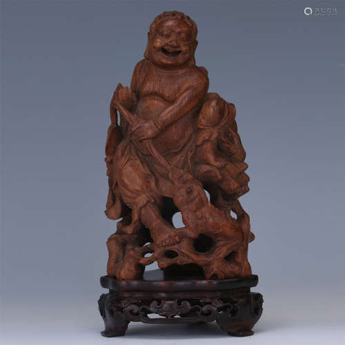 CHINESE BAMBOO CARVED BOY AND TOAD TABLE ITEM