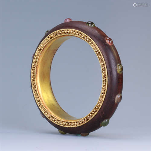 CHINESE TURMALINE INLAID AGALWOOD BANGLE