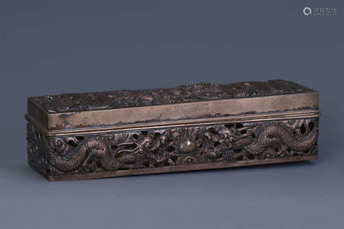 CHINESE SILVER PIERCED CARVED DRAGON BRUSH BOX