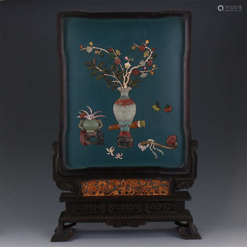 CHINESE GEM STONE INLAID LACQUER ROSEWOOD TABLE SCREEN