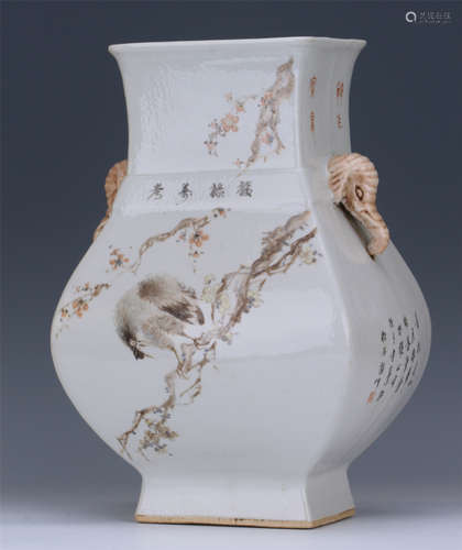 CHINESE PORCELAIN BIRD AND FLOWER SQUARE VASE