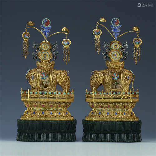 PAIR OF CHINESE GILT SILVER WEAVEN GEM STONE INLAID ELEPHANT ON BASE