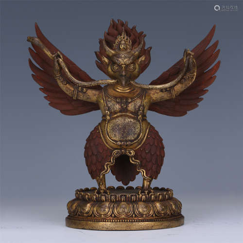 TIBETAN GILT BRONZE STANDING BUDDHIST GUARDIAN