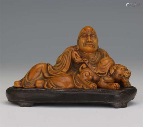 CHINESE SOAPSTONE COUCHING LOHAN WITH TIGER