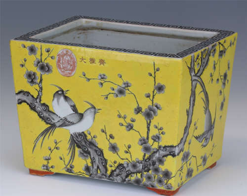 CHINESE PORCELAIN YELLOW GLAZE INK PAINTED BIRD AND FLOWER SQUARE PLANTER