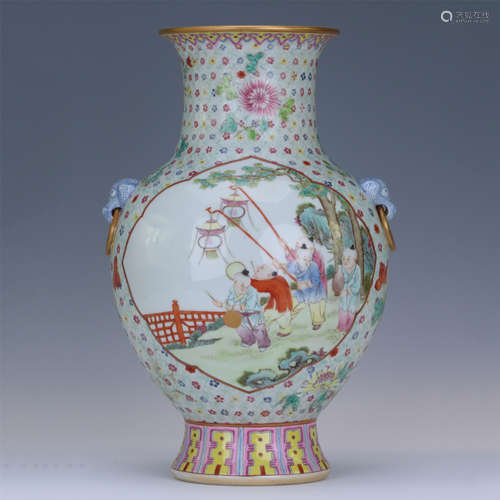 CHINESE PORCELAIN FAMILLE ROSE BOY PLAYING VASE