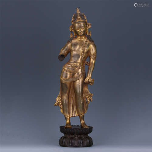 CHINESE GILT BRONZE STANDING GUANYIN