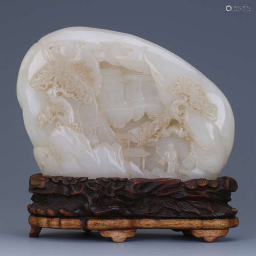 CHINESE WHITE JADE SCHOLAR'S ROCK ON ROSEWOOD BASE