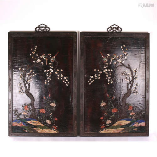 PAIR OF CHINESE GEM STONE INLAID BIRD AND FLOWER LACQUER WALL PLAQUES