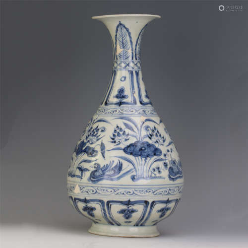 CHINESE PORCELAIN BLUE AND WHITE BIRD AND FLOWER YUHUCHUN VASE