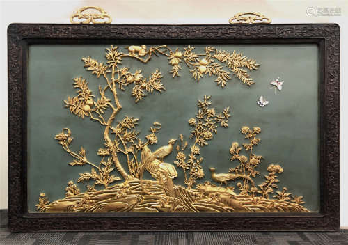CHINESE GOLD PAINTED BIRD AND FLOWER ROSEWOOD PLAQUE