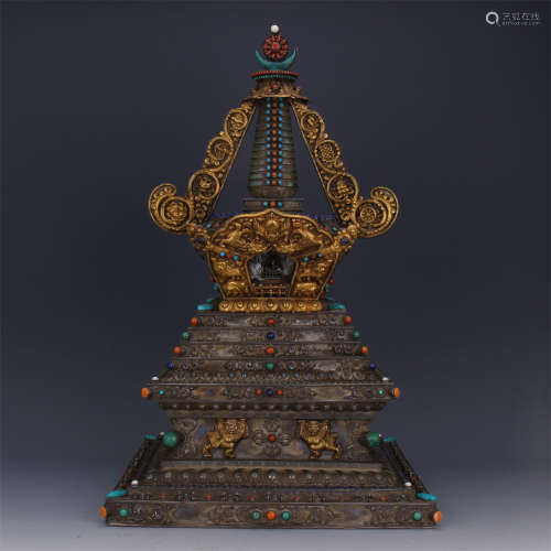 CHINESE GEM STONE INLAID PARTLY GILT SILVER BUDDHIST TOWER