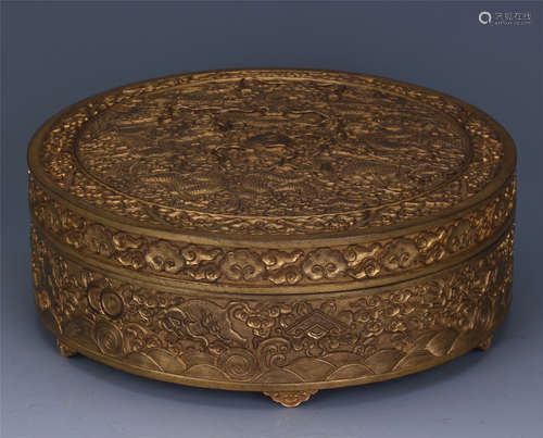 CHINESE GILT BRONZE DRAGON ROUND LIDDED BOX