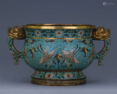 CHINESE CLOISONNE CRANE DRAGON HANDLE ROUND CENSER