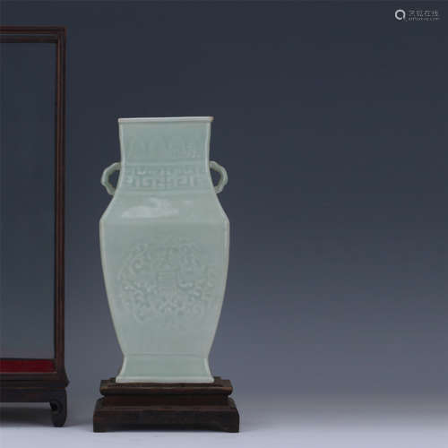 CHINESE PORCELAIN BLUE GLAZE FLOWER ENGRAVED SQUARE VASE