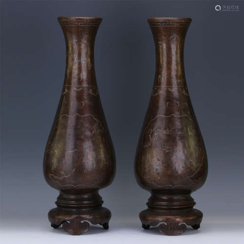 PAIR OF CHINESE SILVER THREAD INLAID BRONZE VASES