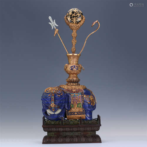 CHINESE GEM STONE INLAID GILT BRONZE LAPIS ELEPHANT ON BASE