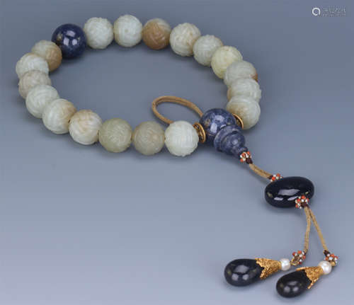 CHINESE WHITE JADE BEAD BUDDHIST BANGLE