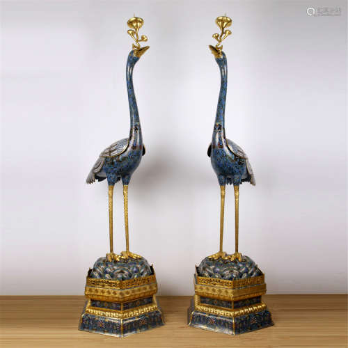 LARGE PAIR OF CHINESE CLOISONNE CRANE WITH LINGCHI ON BASE
