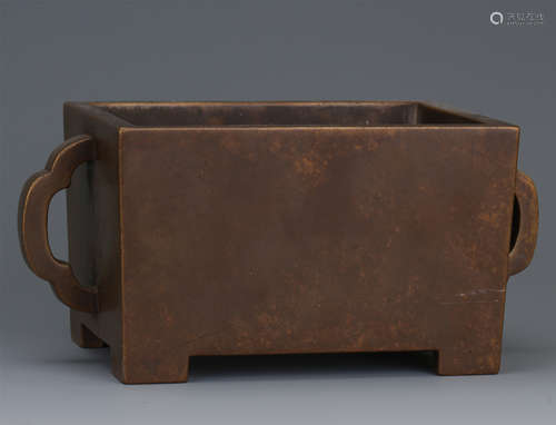 CHINESE BRONZE HANDLED SQUARE CENSER