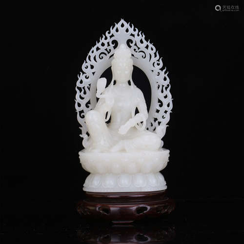 CHINESE WHITE JADE SEATED GUANYIN WITH LOTUS