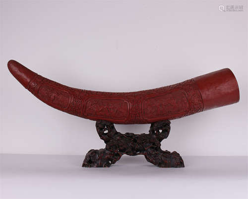 CHINESE CINNABAR STORY FIGURES HORN SHAPED TABLE ITEM